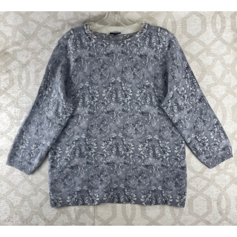 Talbots Petite XL 100%‎ Cashmere Sweater Grey Damask Print Crewneck 3/4 Sleeve